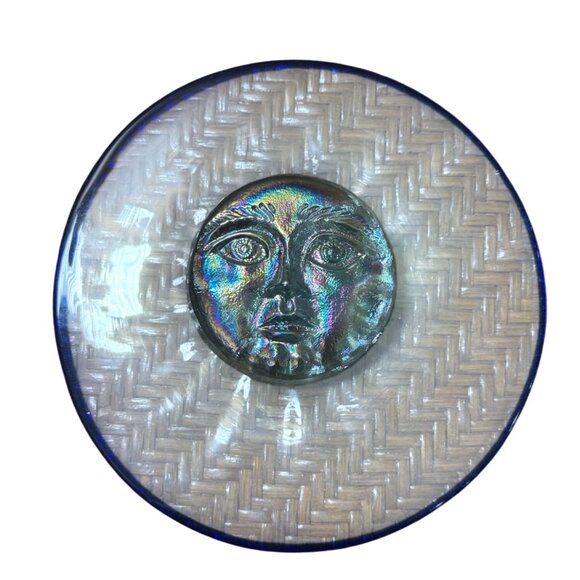 Vintage Blown Iredescent Art Glass Celestrial Sun Face Plate Plague Man Moon 9" - Picture 1 of 8